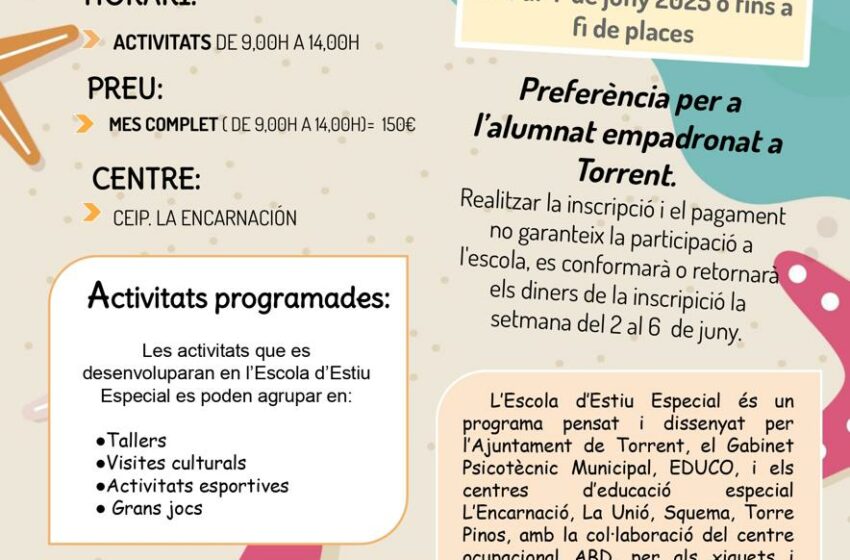 Torrent obri les inscripcions per a l’Escola d’Estiu i l’Escola d’Estiu Especial 2025